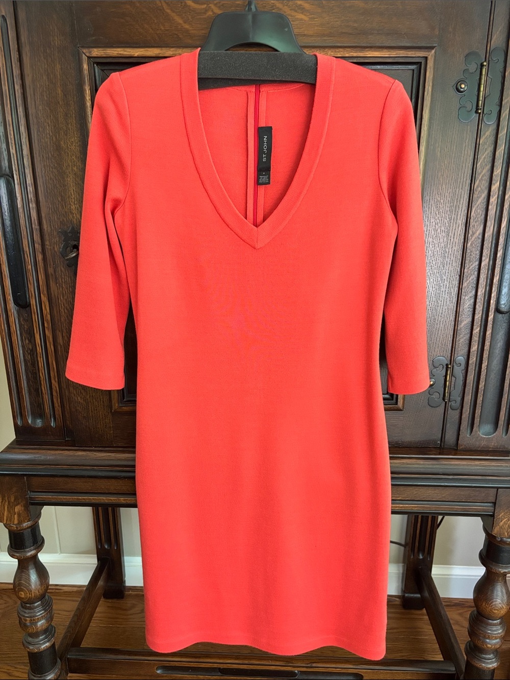 St. John V-Neck Santana Knit Midi Dress in Coral